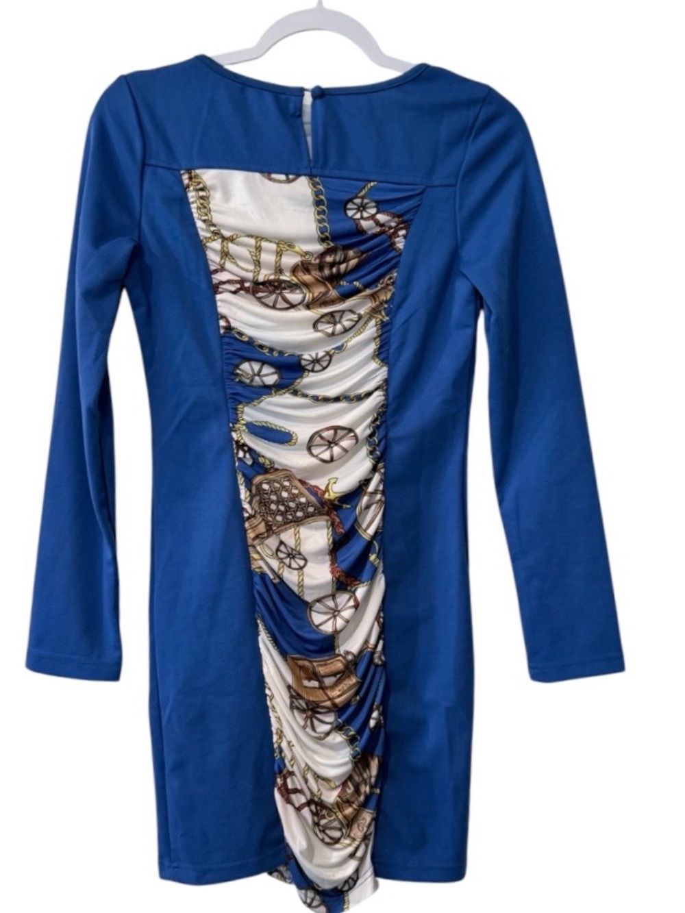 NWT Forla Paris long women’s Small long sleeved blue, white & gold  sheath dress